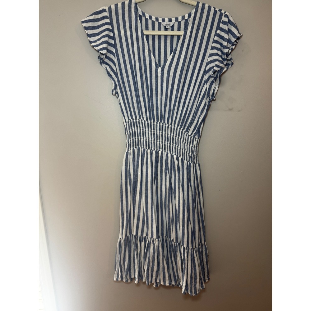 Rails "Tara" Blue White Striped Linen Blend Smocked Waist Mini Dress Small